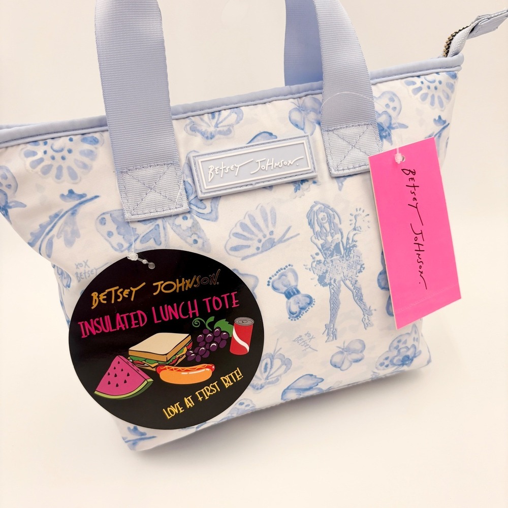 Betsey Johnson Insulated Lunch Tote Blue White Skull Butterfly Toile Print Bag
